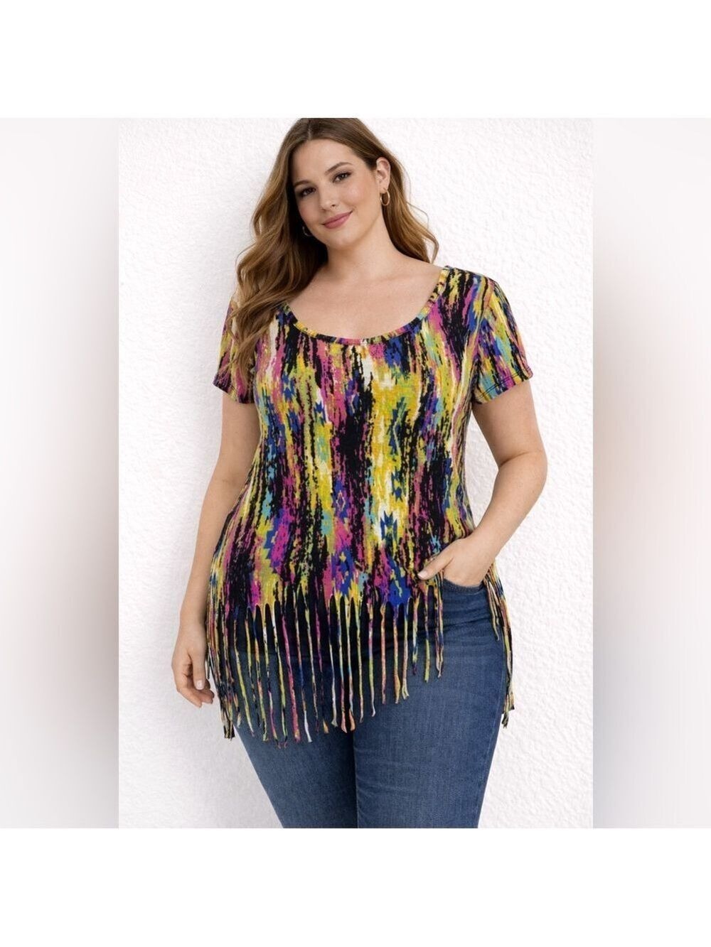 DOTS brand Multicolor Abstract Fringe Hem Short Sleeve Top Size M